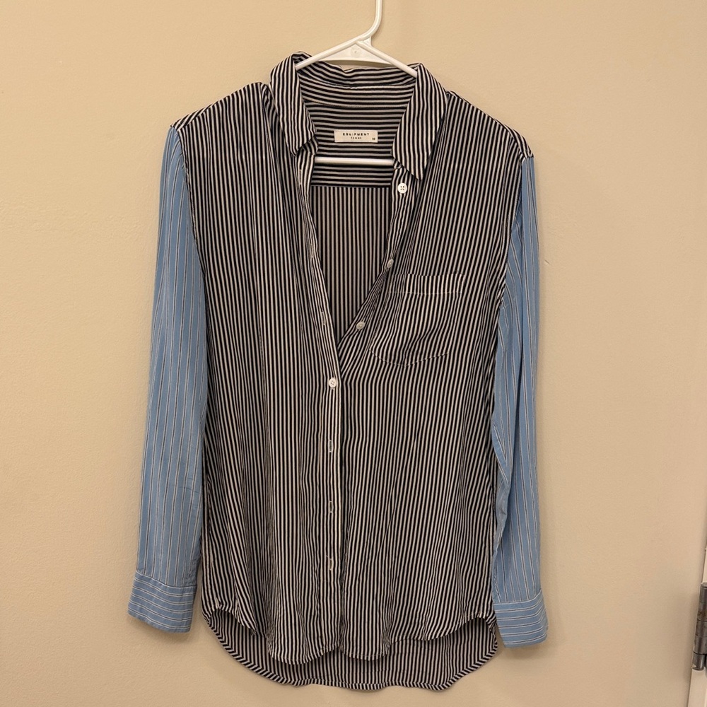Equipment 100% Silk Striped Black and Blue Button Down Shirt